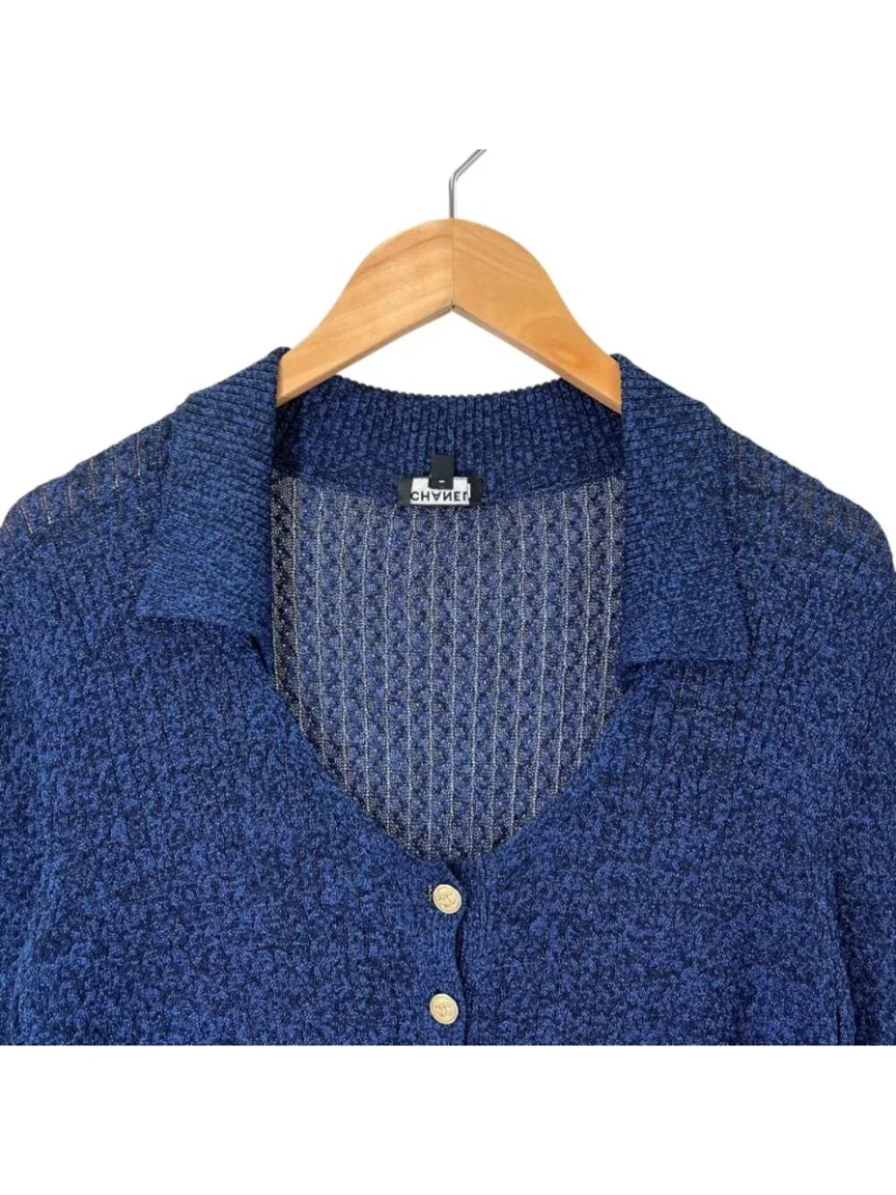 Chanel SS Short Sleeve Knit Silk Blue CC Logo Button Sweater 38